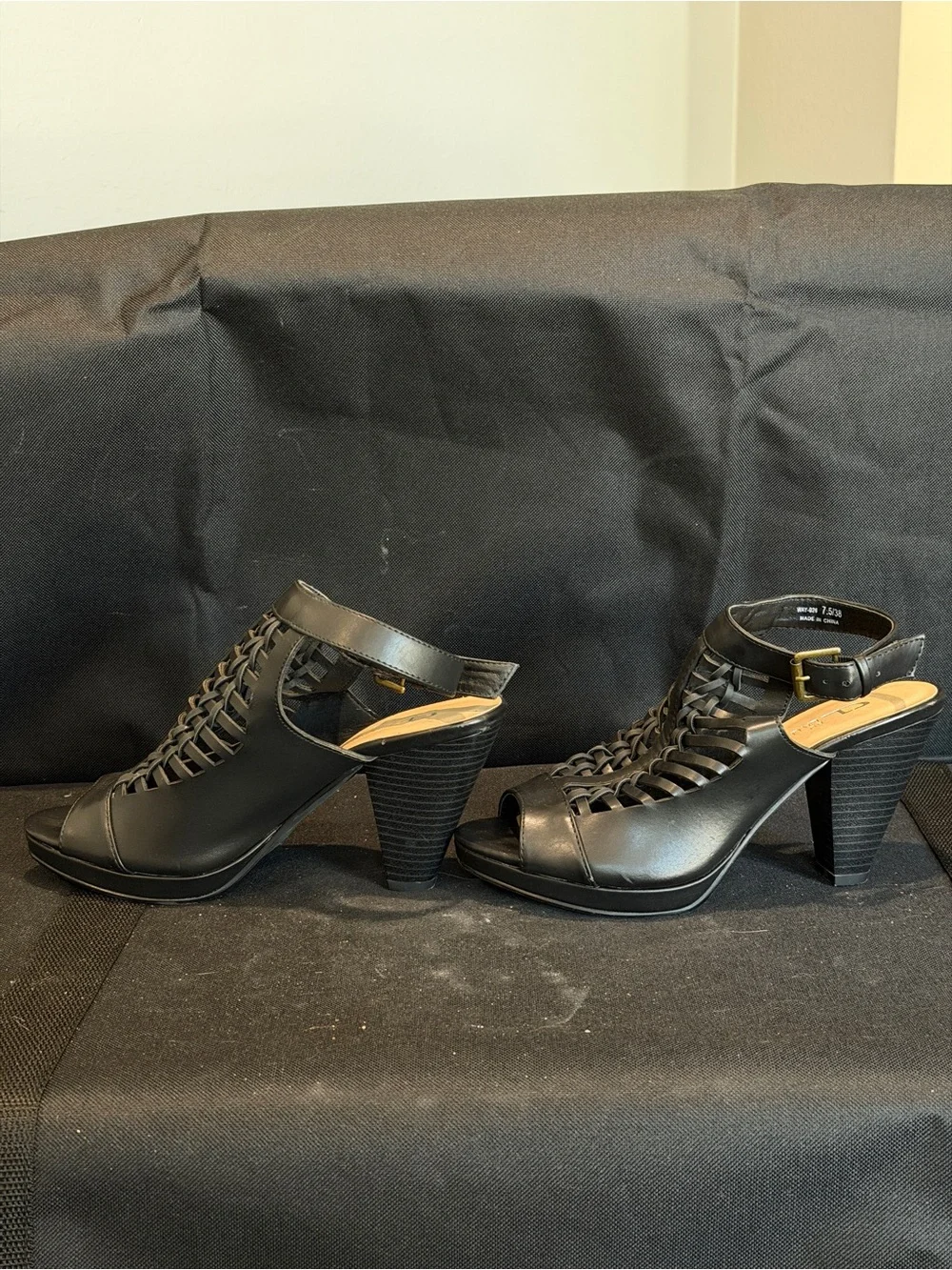 CL by Laundry Black Woven Peep-Toe Block Heel Sandals